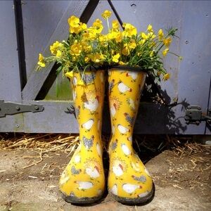Sloggers Chicken Print Daffodil Yellow 10” Waterproof Rain and Muck Boots Size 7